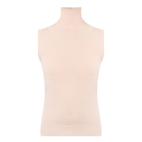 Max Mara Sportmax pink sleeveless turtleneck knit top in 100% virgin wool, fitted silhouette on mannequin torso