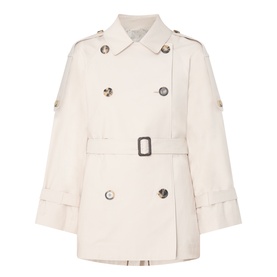 Max Mara Cube silver cotton-blend raincoat with double-breasted button front, epaulettes, and belted waist