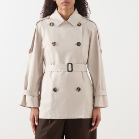 Model wearing Max Mara Cube silver cotton-blend double-breasted raincoat with belted waist and button cuffs