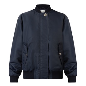 Max Mara Sportmax midnight blue padded polyamide bomber jacket with ribbed cuffs, hem, collar, and gold-tone snap button detail.