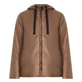 Max Mara Cube honey hooded padded jacket with zip fastening, black drawstring cords, and camel wool quilted lining