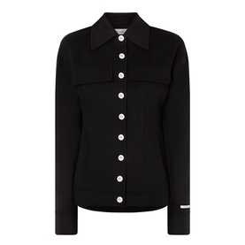 Max Mara Sportmax Arena Button-Down Short Coat in black, 100% virgin wool with white buttons, chest flap pockets, pointed collar, logo cuff tag