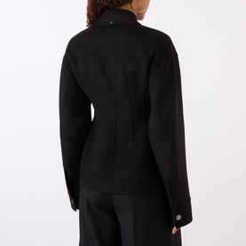 Model wearing Max Mara Sportmax Arena Button-Down Short Coat in black wool, rear view, styled with black wide-leg trousers