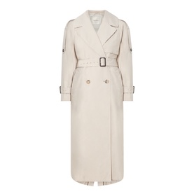 Max Mara Cube Coro Trench Coat in silver, double-breasted with wide lapels, buckle belt, raglan sleeves, and adjustable cuff straps
