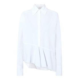 Max Mara Sportmax Arcella Asymmetric Shirt in Optical White, cotton, concealed button placket, dropped shoulders, asymmetric flounce hem