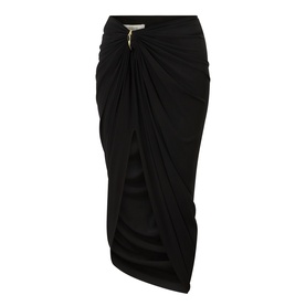 Max Mara Sportmax black ruched midi skirt with gold ring detail and asymmetric draped wrap silhouette