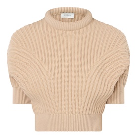 Max Mara Sportmax beige ribbed knit crop top with mock neck and short puffed sleeves in cotton-polyamide blend