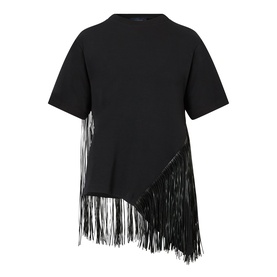 Max Mara Sportmax Nero black cotton T-shirt with asymmetric fringed hem and diagonal fringe panel detail