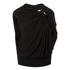 Max Mara Sportmax black draped top with gold ring detail at neckline, sleeveless with gathered fabric front, viscose-elastane blend