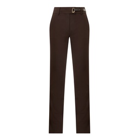 Max Mara Sportmax cocoa straight-leg trousers with belt loops and slim brown leather belt, flat front, tailored fit
