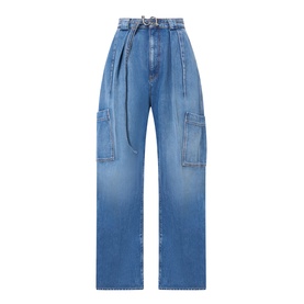 Max Mara Sportmax midnight blue wide-leg cargo jeans in cotton, with front pleats, utility pockets, and belted waist.