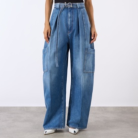 Model wearing Max Mara Sportmax Midnight Blue wide-leg cargo jeans with belt loops and patch pockets, styled with white heeled mules