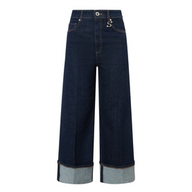 Max Mara Sportmax ultramarine wide-leg denim jeans with deep turn-up cuffs, high waist, and five-pocket styling