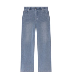Mint Velvet Travel Mid-Rise Straight Leg Jeans in blue, wide-leg silhouette with faded wash and front pockets