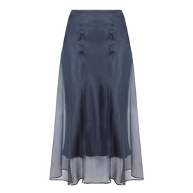 Piano Forte Astrale Organza Skirt in Midnight Blue; midi length with sheer silk organza layer, subtle darting detail and flared hem