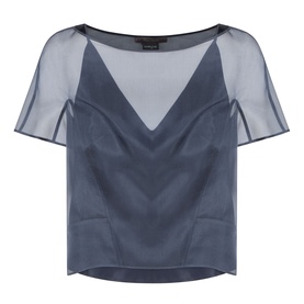 Piano Forte Mela Organza Top in Midnight Blue; sheer silk organza overlay, cami base layer, round neck, short sleeves