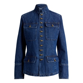 Polo Ralph Lauren Roserea Wash denim blazer with gold button-through front, chest pockets, and structured military-inspired silhouette