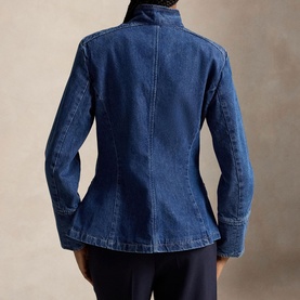 Model wearing Polo Ralph Lauren Blazer in Roserea Wash denim, rear view showing tailored seam detailing and fitted silhouette