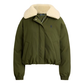 Polo Ralph Lauren New Olive cropped bomber coat with cream sherpa collar and navy embroidered pony logo