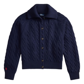 Polo Ralph Lauren Hunter Navy cable-knit cardigan with collar, button front, and embroidered logo at cuff