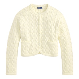 Polo Ralph Lauren Clubhouse Cream cable-knit cardigan with button front, cropped length, and patch pockets