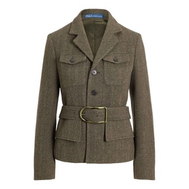 Polo Ralph Lauren Loden Herringbone belted jacket with notched lapels, chest pockets, and gold-tone buckle belt.