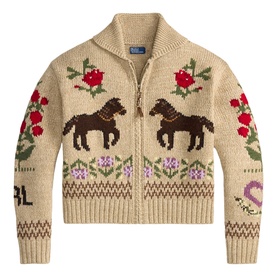 Polo Ralph Lauren Multi cardigan with zip front, intarsia horses, roses and floral motifs on oatmeal knit
