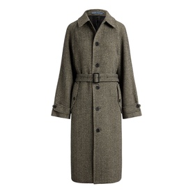 Polo Ralph Lauren Black/Cream Herringbone wool coat with belt, button front, pointed collar and cuffed sleeves