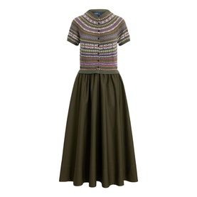 Polo Ralph Lauren Olive Multi dress with Fair Isle knit bodice, short sleeves, button front, and full woven midi skirt