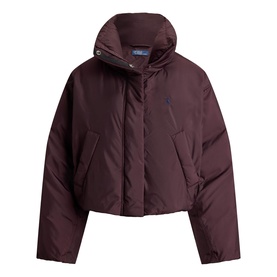 Polo Ralph Lauren Dark Shadow Burgundy cropped puffer coat with high funnel neck, snap collar, and front pockets