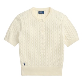 Polo Ralph Lauren cable-knit short-sleeve sweater in Clubhouse Cream with henley button placket and embroidered pony logo