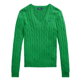 Polo Ralph Lauren cable-knit V-neck jumper in Preppy Green with navy embroidered pony logo