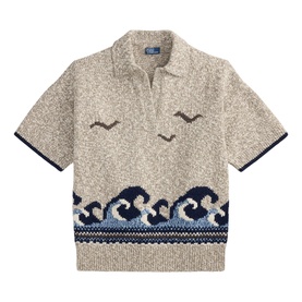 Polo Ralph Lauren cream knit polo top with navy wave and seagull intarsia pattern, short sleeves, and polo collar