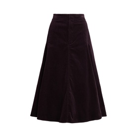 Polo Ralph Lauren Midnight Merlot corduroy midi skirt with A-line silhouette, flared hem, and front seam detail.
