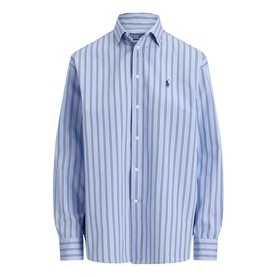 Polo Ralph Lauren blue and white striped cotton shirt with button-front placket, point collar, and embroidered logo