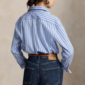 Model wearing Polo Ralph Lauren blue and white striped shirt, back view, styled with dark denim jeans and brown belt