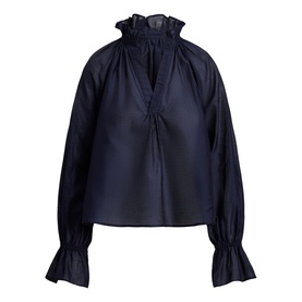 Polo Ralph Lauren Hunter Navy shirt with ruffled high neck, V-notch, voluminous long sleeves and fluted cuffs