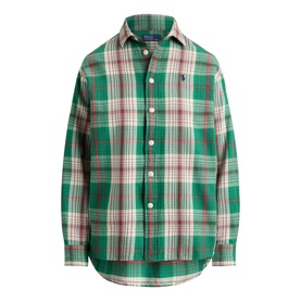 Polo Ralph Lauren green and cream plaid cotton shirt with long sleeves, button front, and embroidered pony logo at chest