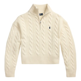 Polo Ralph Lauren Authentic Cream cable-knit half-zip sweater with ribbed cuffs and navy embroidered pony logo