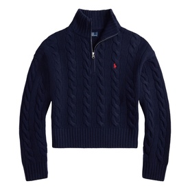 Polo Ralph Lauren Hunter Navy cable-knit cropped jumper with quarter-zip collar and embroidered pony logo