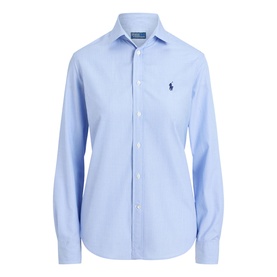Polo Ralph Lauren Blue End shirt with spread collar, button front, long sleeves, and embroidered navy pony logo at chest