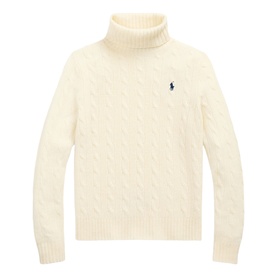 Polo Ralph Lauren cable-knit turtleneck jumper in Authentic Cream with navy Pony logo embroidery