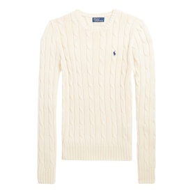 Polo Ralph Lauren cable-knit jumper in Authentic Cream with navy embroidered pony logo, crew neck, long sleeves