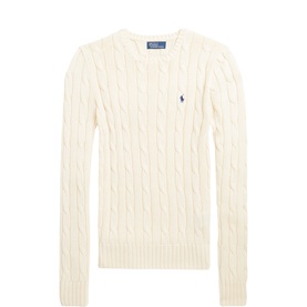 Polo Ralph Lauren cable-knit jumper in Authentic Cream with navy embroidered pony logo, crew neck, long sleeves