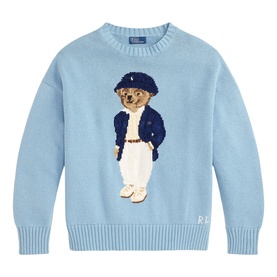 Polo Ralph Lauren Blue Note knit jumper with Polo Bear intarsia motif, crew neck, and RL embroidered hem detail