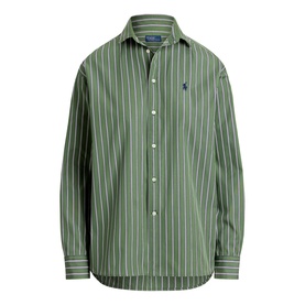 Polo Ralph Lauren green and white striped cotton shirt with spread collar, button front, and embroidered pony logo