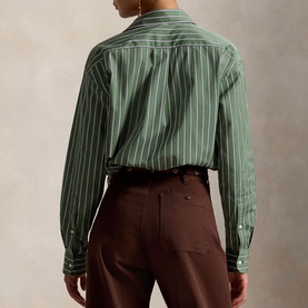 Model wearing Polo Ralph Lauren green and white striped shirt, back view, styled with brown tailored trousers