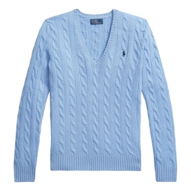 Polo Ralph Lauren light blue cable-knit cotton V-neck jumper with embroidered pony logo at chest
