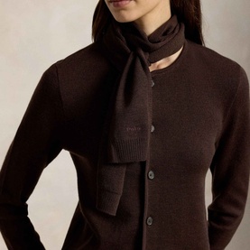 Model wearing Polo Ralph Lauren Deep Chocolate Melange knit cardigan with matching scarf detail at neck, button front, patch pockets