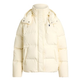 Polo Ralph Lauren Estate Cream puffer coat with detachable hood, zip fastening, and embroidered pony logo